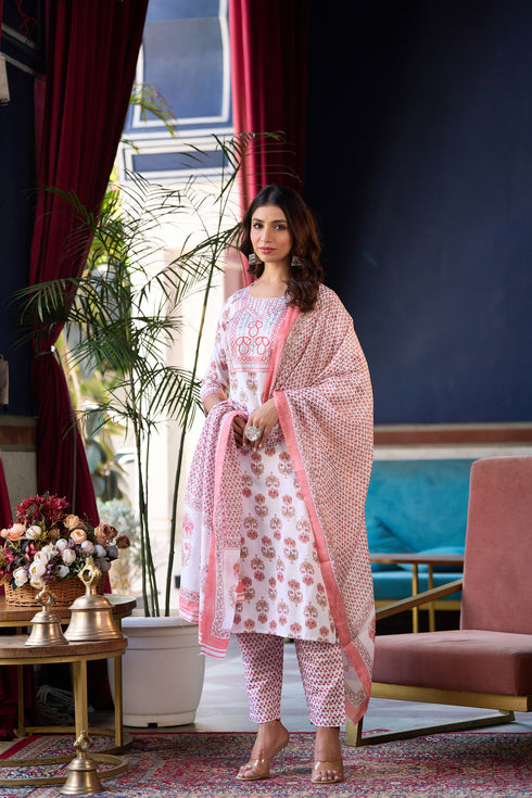 Lotus Pink Printed Viscose Rayon Kurta, Pant And Dupatta Set