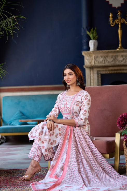 Lotus Pink Printed Viscose Rayon Kurta, Pant And Dupatta Set