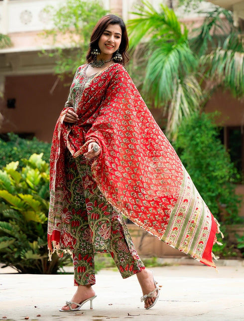 Multicolor Printed Viscose Rayon Kurta, Pant And Dupatta Set