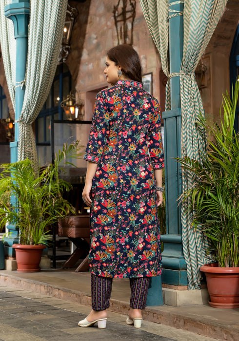 Navy Blue Embroidery Viscose Rayon Kurta, Pant And Dupatta Set