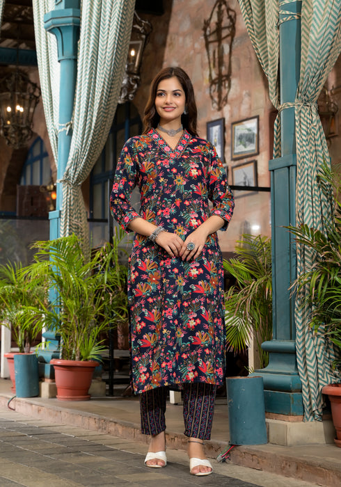 Navy Blue Embroidery Viscose Rayon Kurta, Pant And Dupatta Set