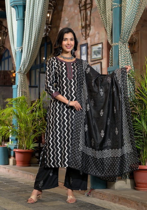 Black Kurta And Pant Set With Dupatta