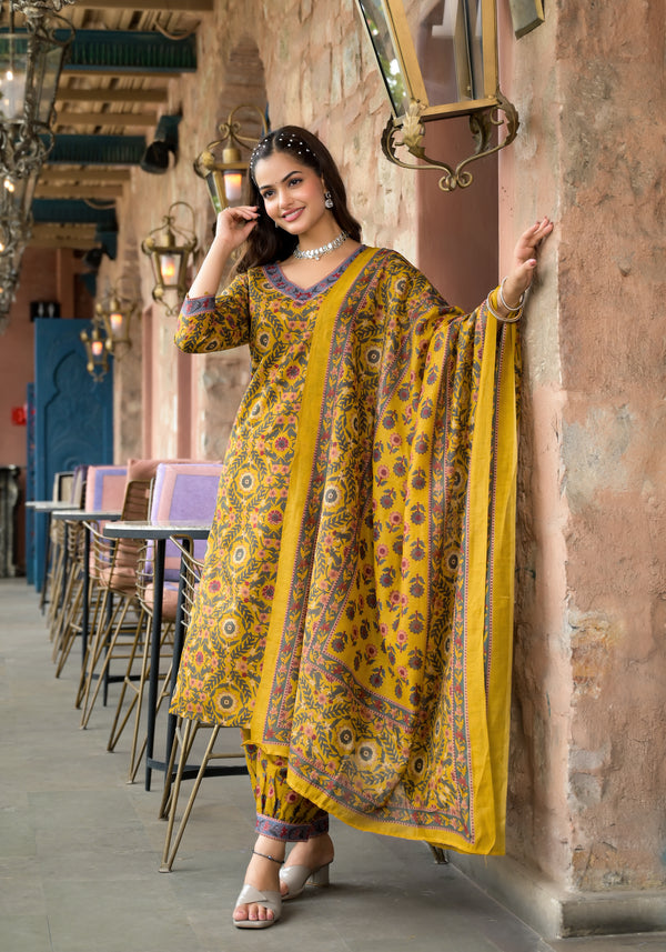 Yellow Embroidery Viscose Rayon Kurta, Pant And Dupatta Set