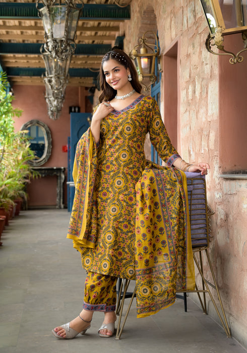 Yellow Embroidery Viscose Rayon Kurta, Pant And Dupatta Set