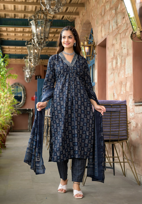 Navy Blue Embroidery Viscose Rayon Kurta, Pant And Dupatta Set