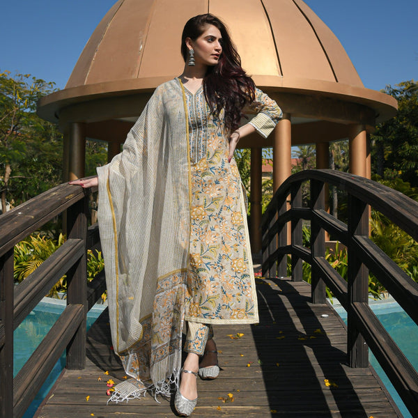 Yellow Printed Viscose Rayon Kurta, Pant And Dupatta Set