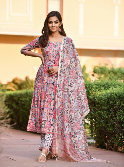 Pink Printed Viscose Rayon Kurta And Pant Set