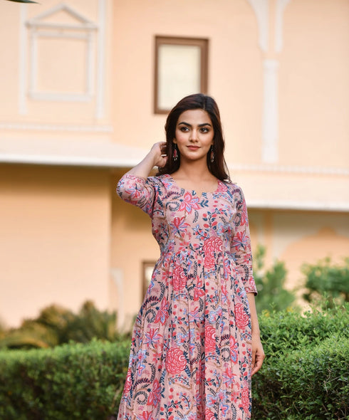 Pink Printed Viscose Rayon Kurta And Pant Set