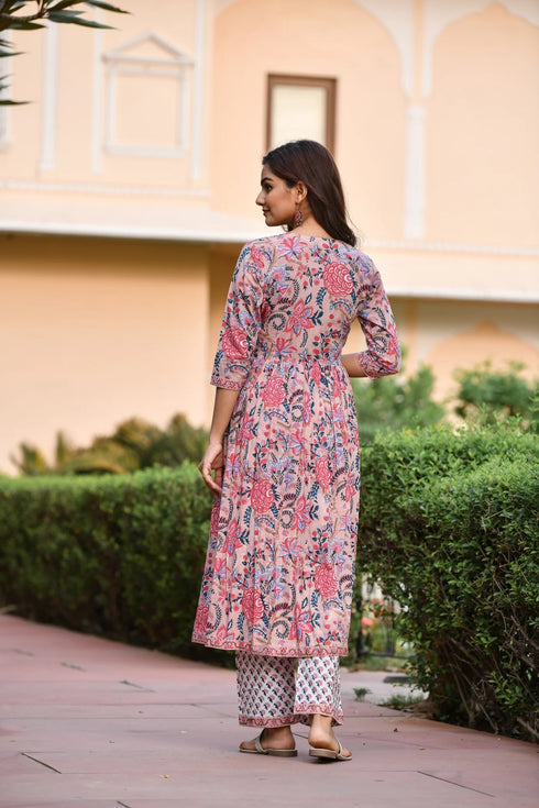 Pink Printed Viscose Rayon Kurta And Pant Set