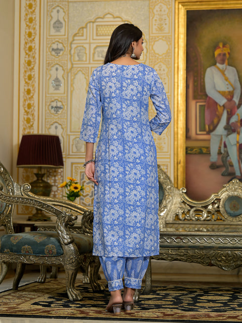 Blue Embroidery Viscose Rayon Kurta, Pant And Dupatta Set