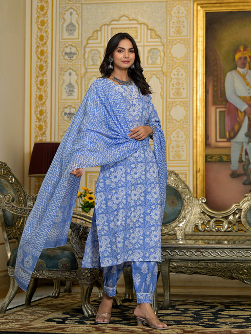Blue Embroidery Viscose Rayon Kurta, Pant And Dupatta Set