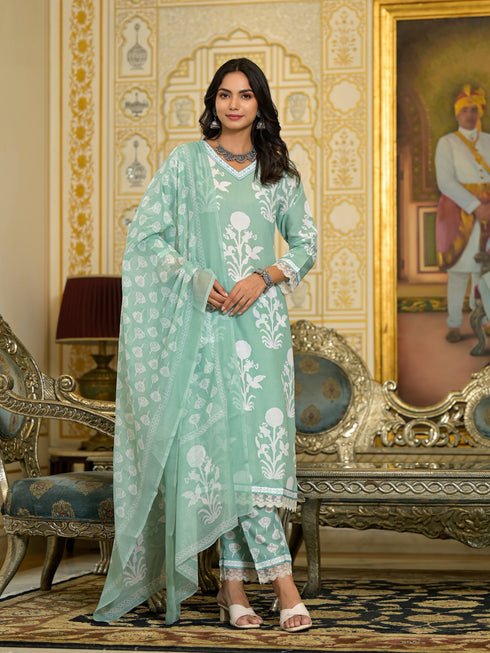 Green Embroidery Viscose Rayon Kurta, Pant And Dupatta Set