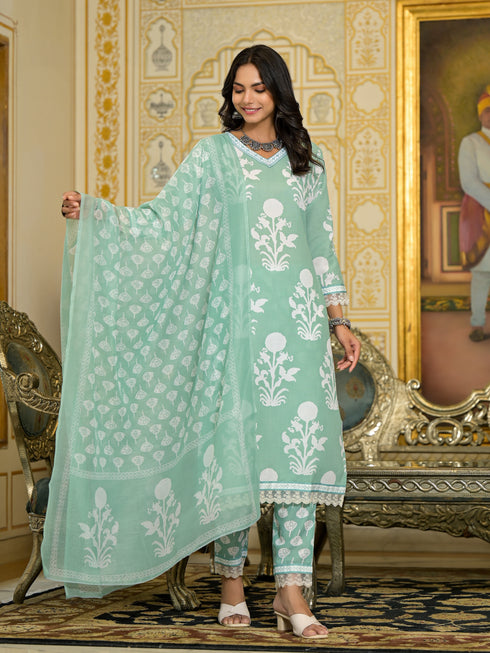 Green Embroidery Viscose Rayon Kurta, Pant And Dupatta Set