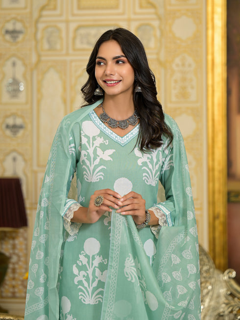 Green Embroidery Viscose Rayon Kurta, Pant And Dupatta Set