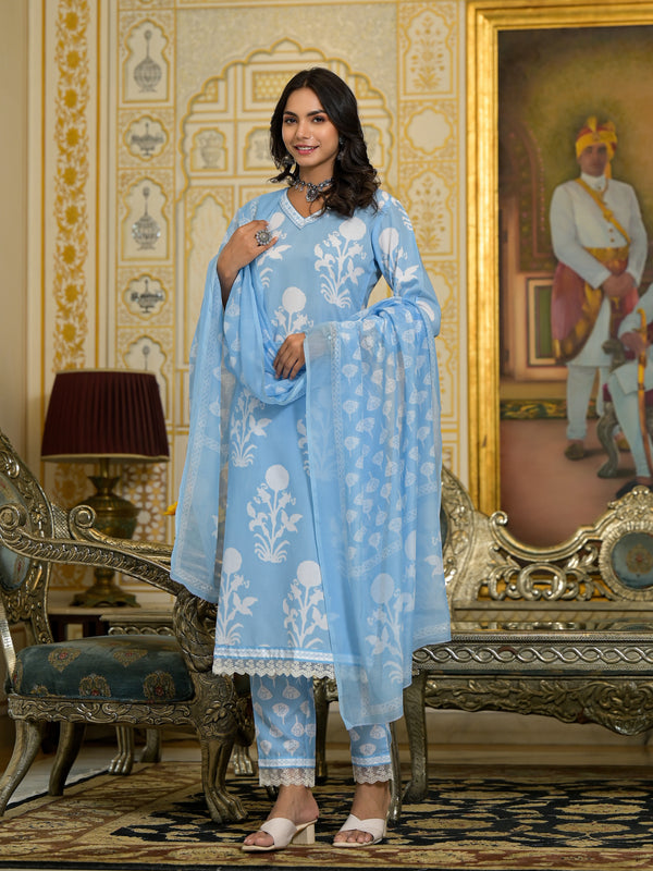 Blue Embroidery Viscose Rayon Kurta, Pant And Dupatta Set