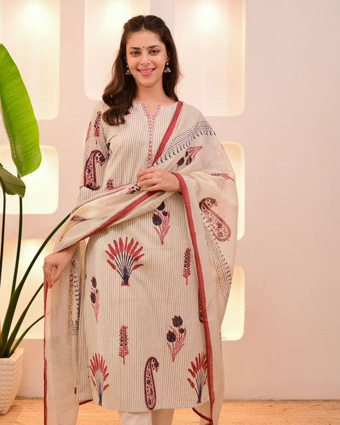 Alvami Women's Off White Printed Viscose Straight Kurta Pant with Dupatta Set
