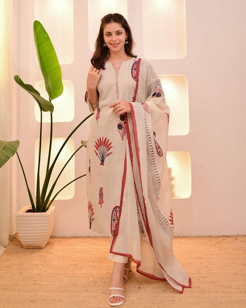 Alvami Women's Off White Printed Viscose Straight Kurta Pant with Dupatta Set