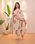 Alvami Women's Off White Printed Viscose Straight Kurta Pant with Dupatta Set