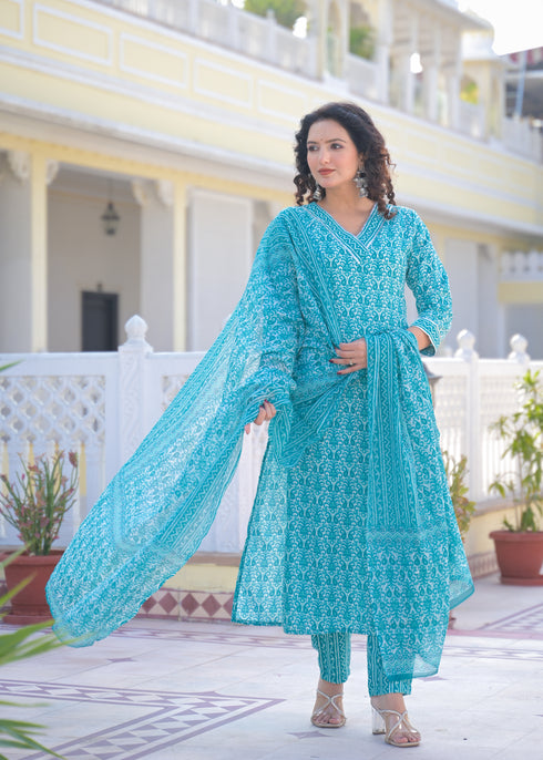Alvami Women's Blue Printed Straight Kurta Pant With Dupatta Set