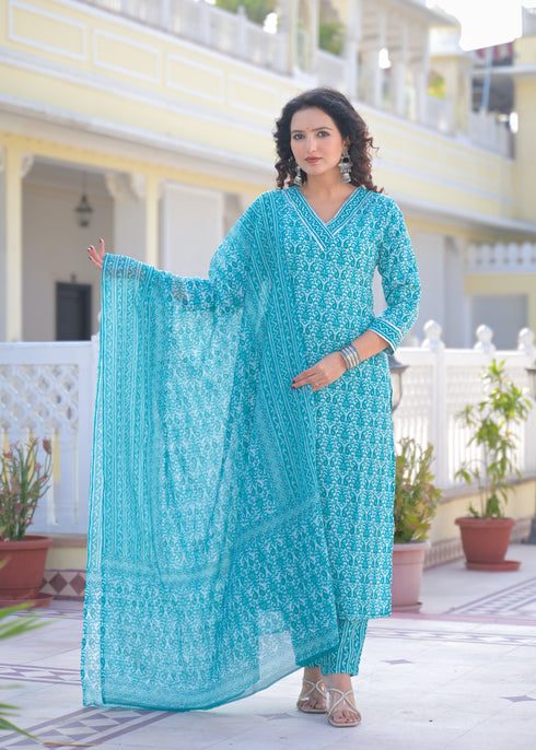 Alvami Women's Blue Printed Straight Kurta Pant With Dupatta Set