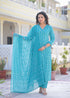 Alvami Women's Blue Printed Straight Kurta Pant With Dupatta Set