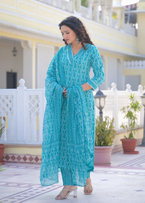 Alvami Women's Blue Printed Straight Kurta Pant With Dupatta Set