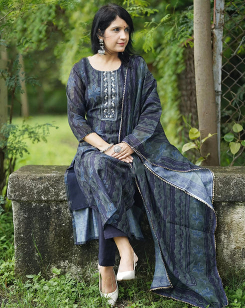 Alvami Women’s Blue Yoke Embroidered & Floral Printed Straight Kurta Pant with Dupatta Set