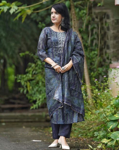 Alvami Women’s Blue Yoke Embroidered & Floral Printed Straight Kurta Pant with Dupatta Set