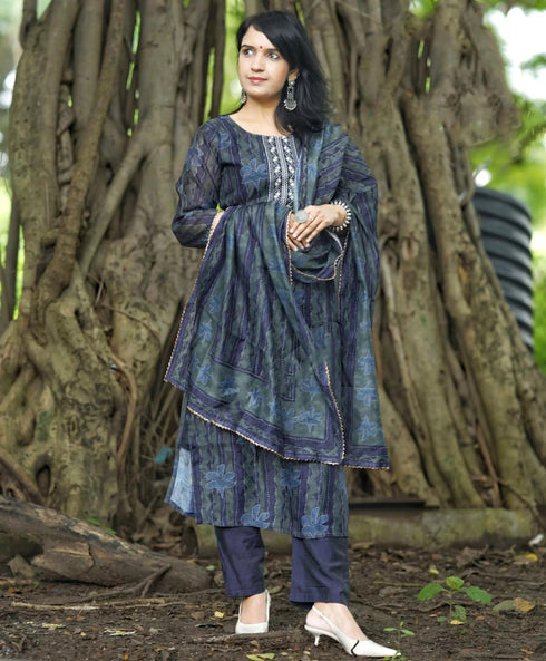 Alvami Women’s Blue Yoke Embroidered & Floral Printed Straight Kurta Pant with Dupatta Set