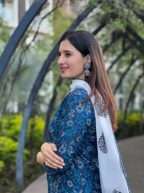 Blue Floral Print Viscose Rayon Kurta And Pant Set
