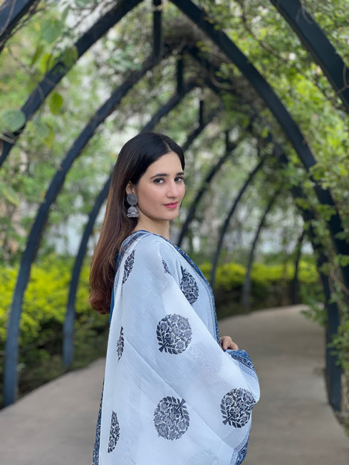 Blue Floral Print Viscose Rayon Kurta And Pant Set
