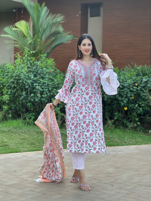 White Printed Viscose Rayon Kurta And Pant Set