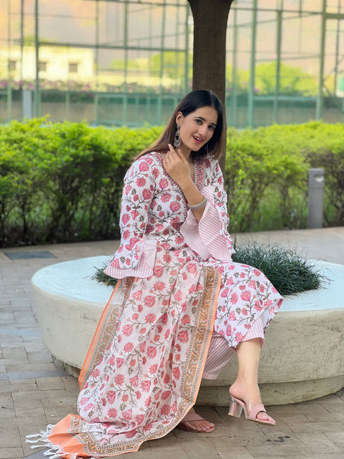White Printed Viscose Rayon Kurta And Pant Set
