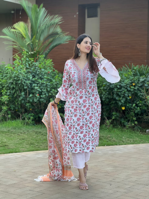 White Printed Viscose Rayon Kurta And Pant Set