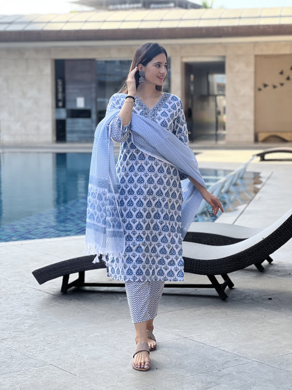 White Printed Viscose Rayon Kurta, Pant And Dupatta Set