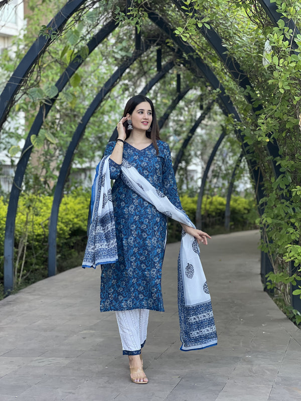 Blue Floral Print Viscose Rayon Kurta And Pant Set