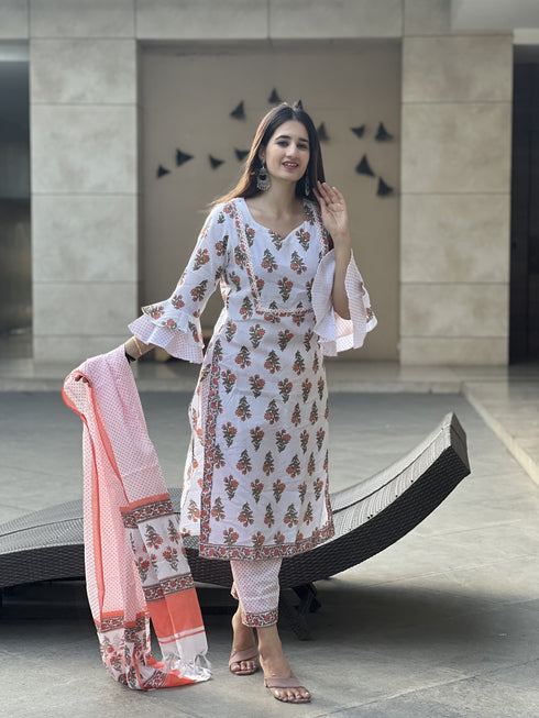 White Printed Pure Cotton Kurta And Pant Set