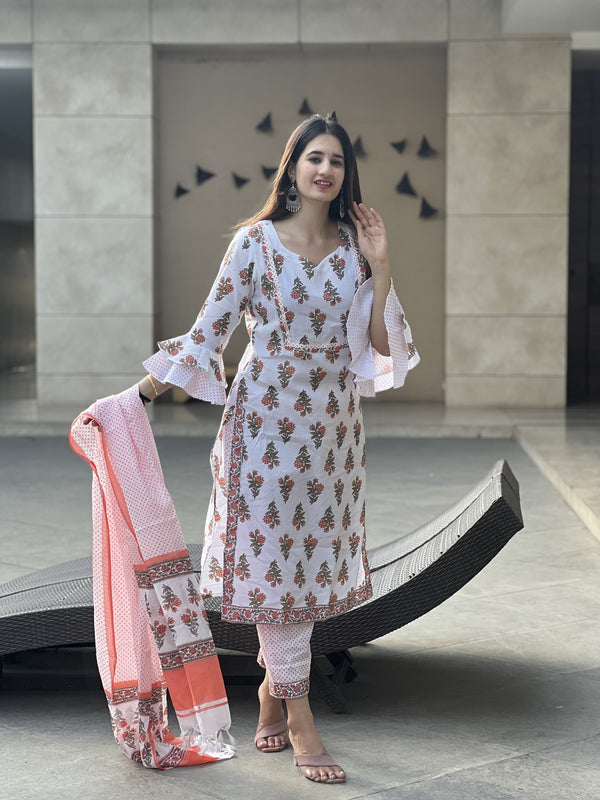 White Printed Pure Cotton Kurta And Pant Set
