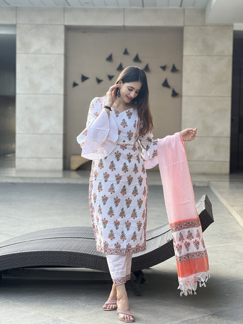 White Printed Pure Cotton Kurta And Pant Set