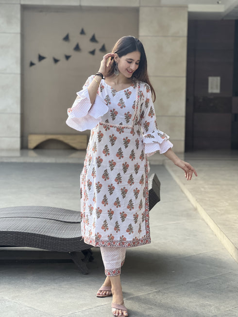White Printed Pure Cotton Kurta And Pant Set