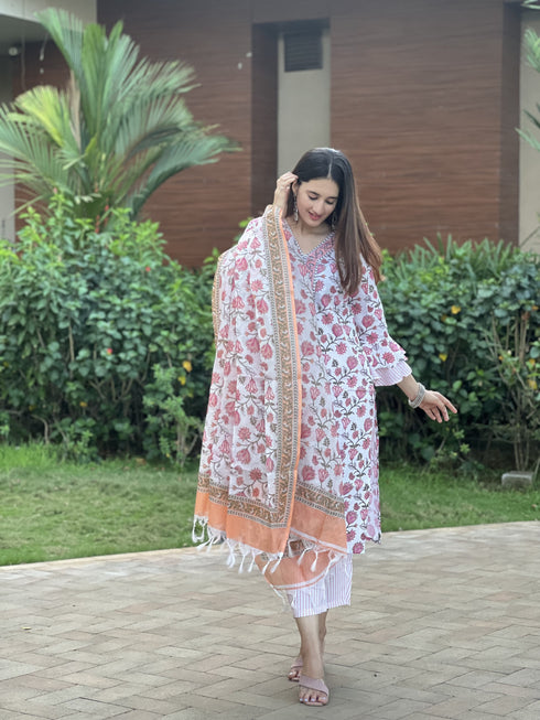 White Printed Viscose Rayon Kurta And Pant Set
