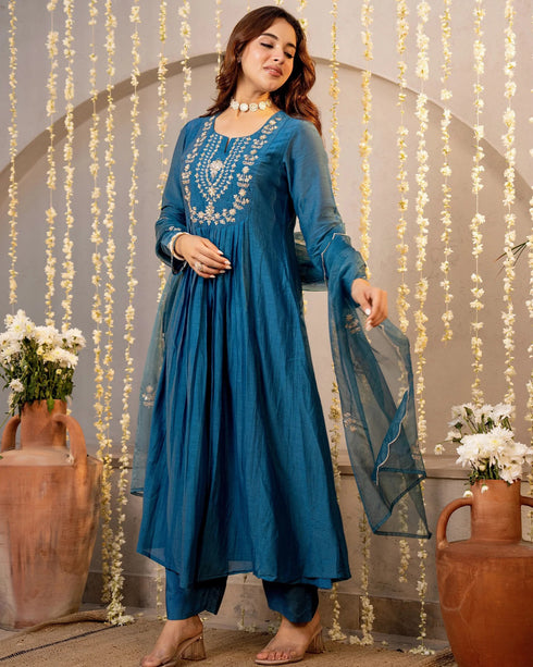 Alvami Women’s Premium Morepeach Silk Embroidered Anarkali Kurta Pant With Dupatta Set