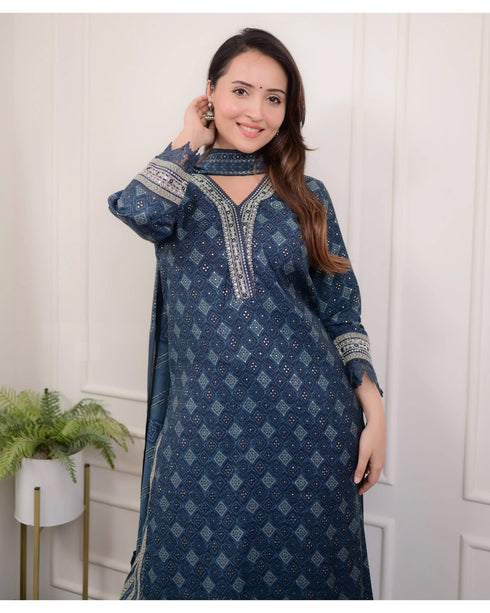 Viscose Navy Blue Kurta And Pant Set With Dupatta