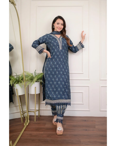 Viscose Navy Blue Kurta And Pant Set With Dupatta