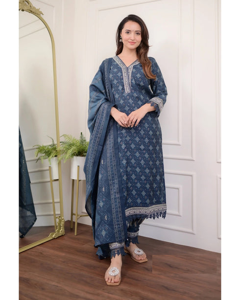 Viscose Navy Blue Kurta And Pant Set With Dupatta