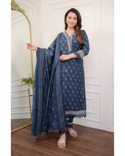 Viscose Navy Blue Kurta And Pant Set With Dupatta