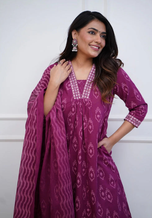 Alvami Women’s Pink Printed Viscose Anarkali Kurta Pant With Dupatta Set