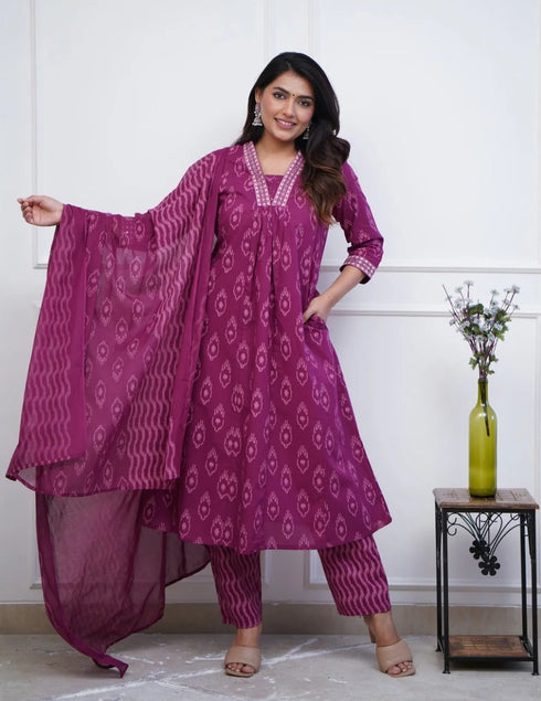 Alvami Women’s Pink Printed Viscose Anarkali Kurta Pant With Dupatta Set