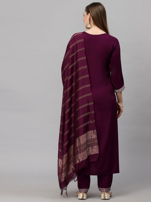 Wine Embroidery silk Kurta And Pant Set With Dupatta