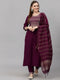 Wine Embroidery silk Kurta And Pant Set With Dupatta